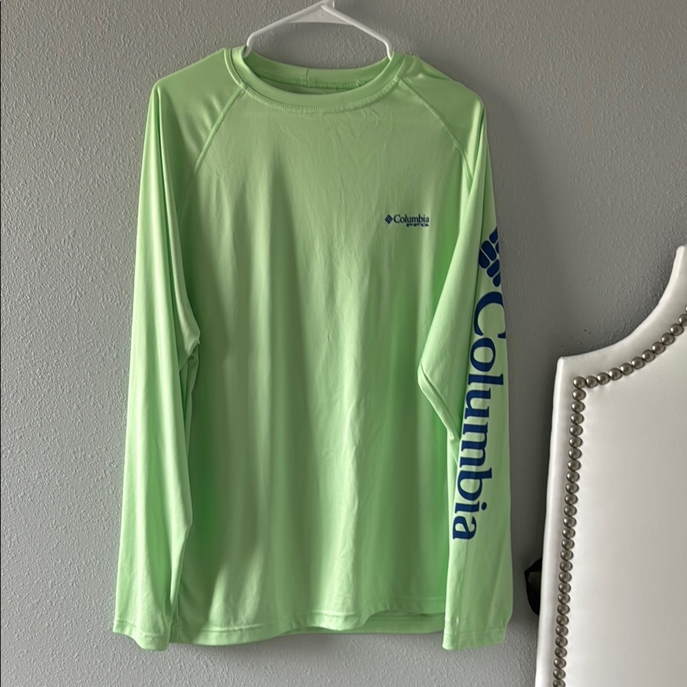 Columbia Long Sleeve Performance Tee in Neon Green with Blue Logo